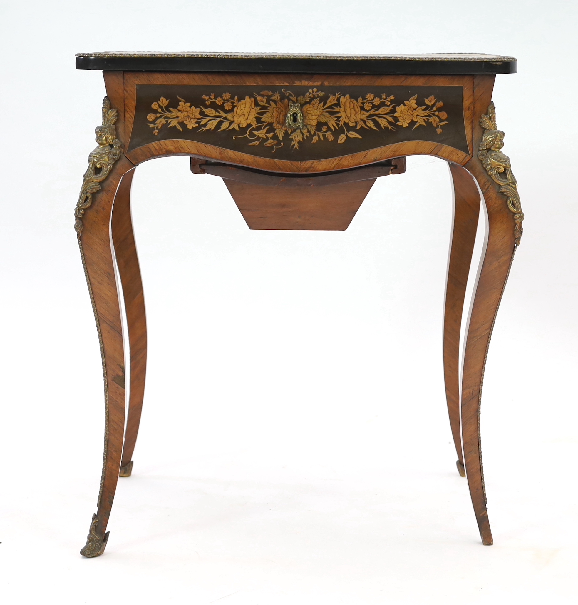 A 19th century French rosewood and marquetry poudreuse, width 63cm, depth 43cm, height 73cm